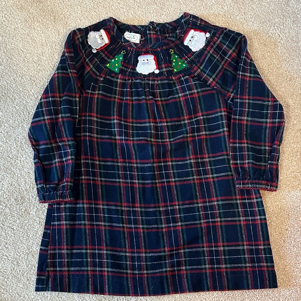 Mud Pie Navy Plaid Dress with Santa and Tree Embroidery